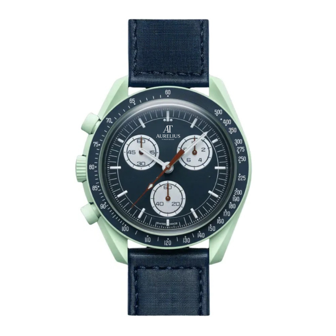 Chronograph 42 – Blue & Green Dial | Sand Tone Case & Blue Fabric Strap & Tachymeter Bezel