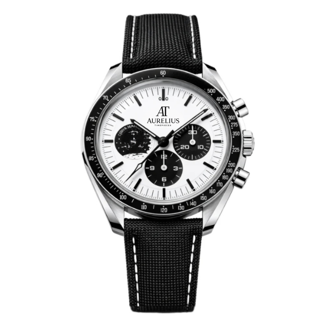 Chronograph 42 – White Dial with Blue Accents | Steel Case & Blue Fabric Strap & Tachymeter Bezel