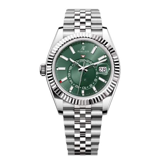 Global Traveller 42 – Green Sunburst Dial | Stainless Steel Jubilee Bracelet & Fluted Bezel