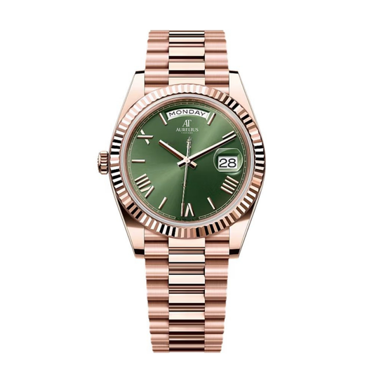 Executive Day-Date 40 – Green Sunburst Dial | Rose Gold Tone President Bracelet & Fluted Bezel