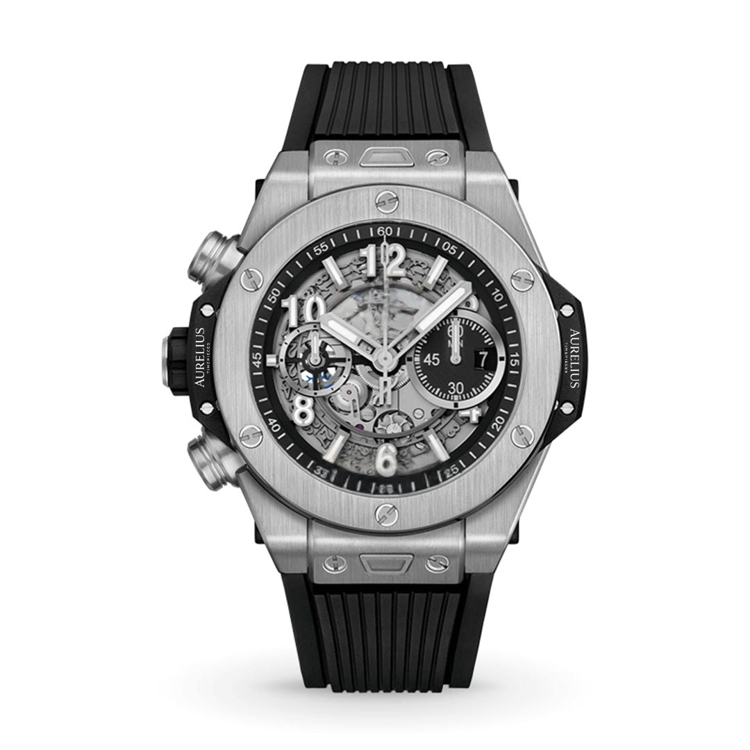 Fusion Chronograph 44 – Black Skeleton Dial | Silver Case & Black Rubber Strap