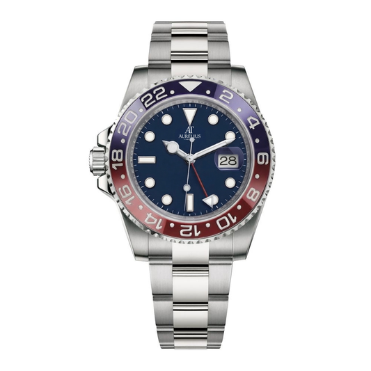 Dual Time 40 – Blue Dial | Silver Tone Bracelet & Red-Blue Ceramic Bezel